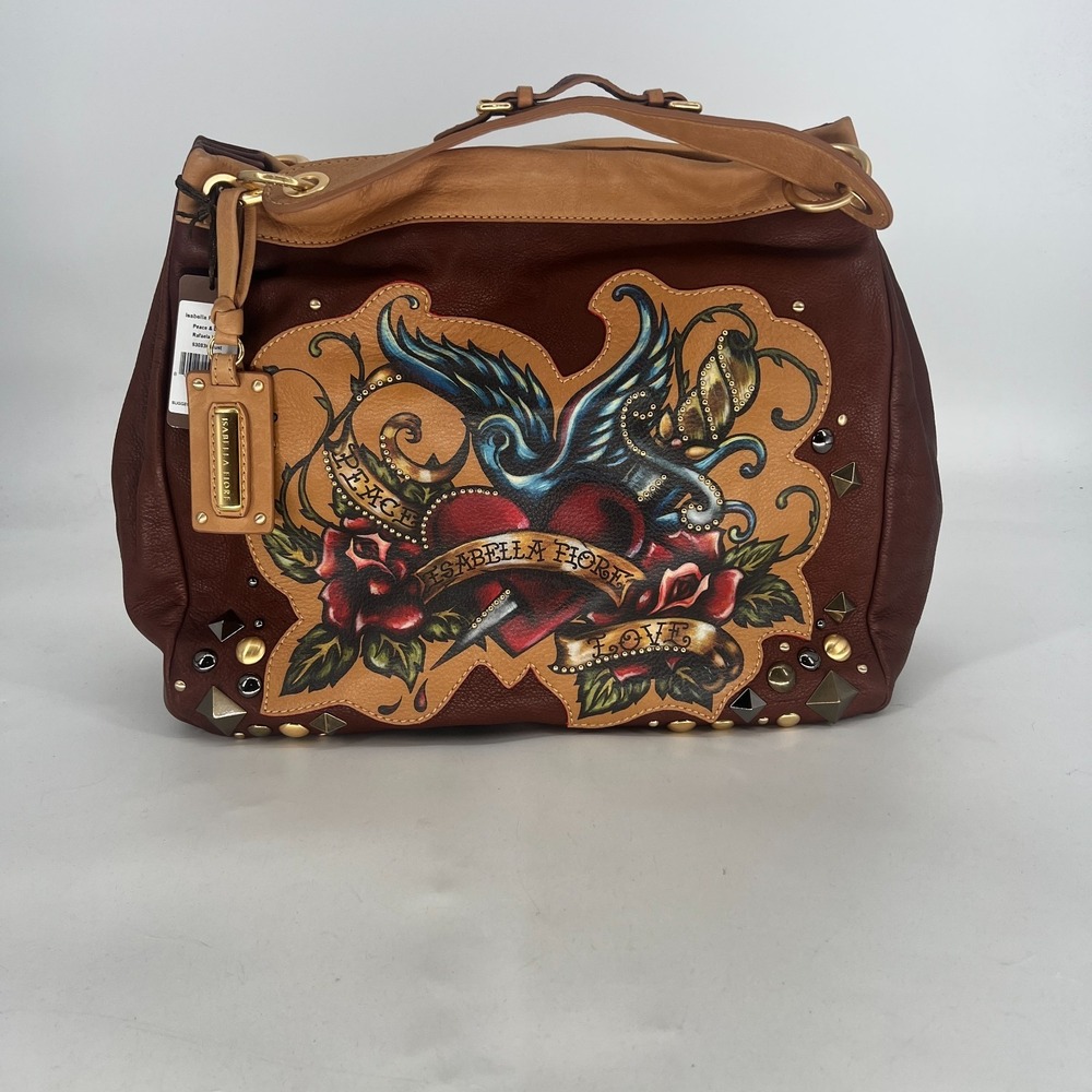Vtg Isabella Fiore Peace & Love Rafaela Hobo Brown Handbag Leather Y2K Tattoo‎